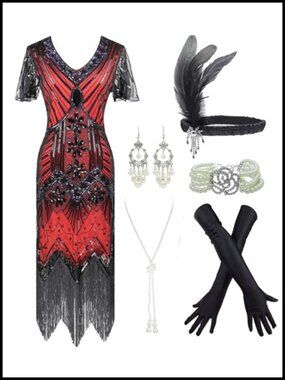 1920s Gatsby Flapper Accessories Set Sequin Dress Headband Gloves Holder Pearl